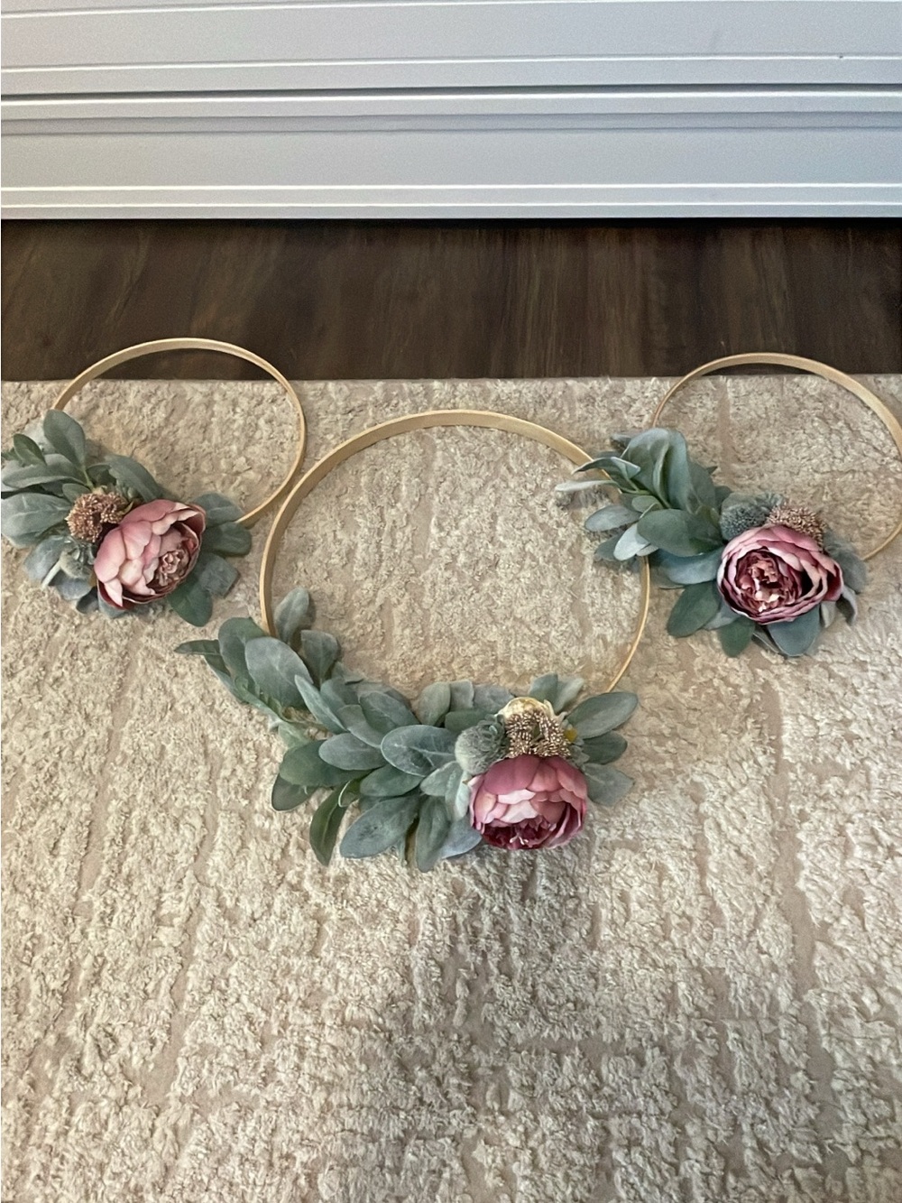 Floral Hoop Wall Trio with Pink Peonies and Sage Green Leaves